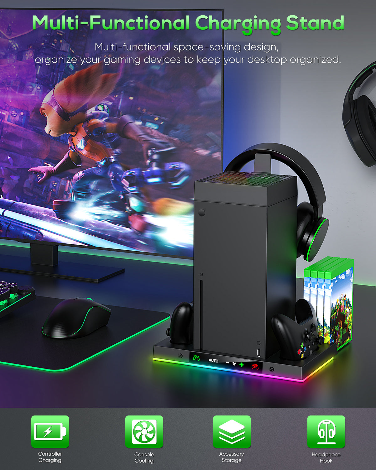 Auto Cooling Fan and Charge Stand Accessories for Xbox Series X Console with 15 Light Modes, Wireless Dual Charger Dock for XSX Controller, 2 Rechargeable Batteries, Headset Stand & Game Disc Storage