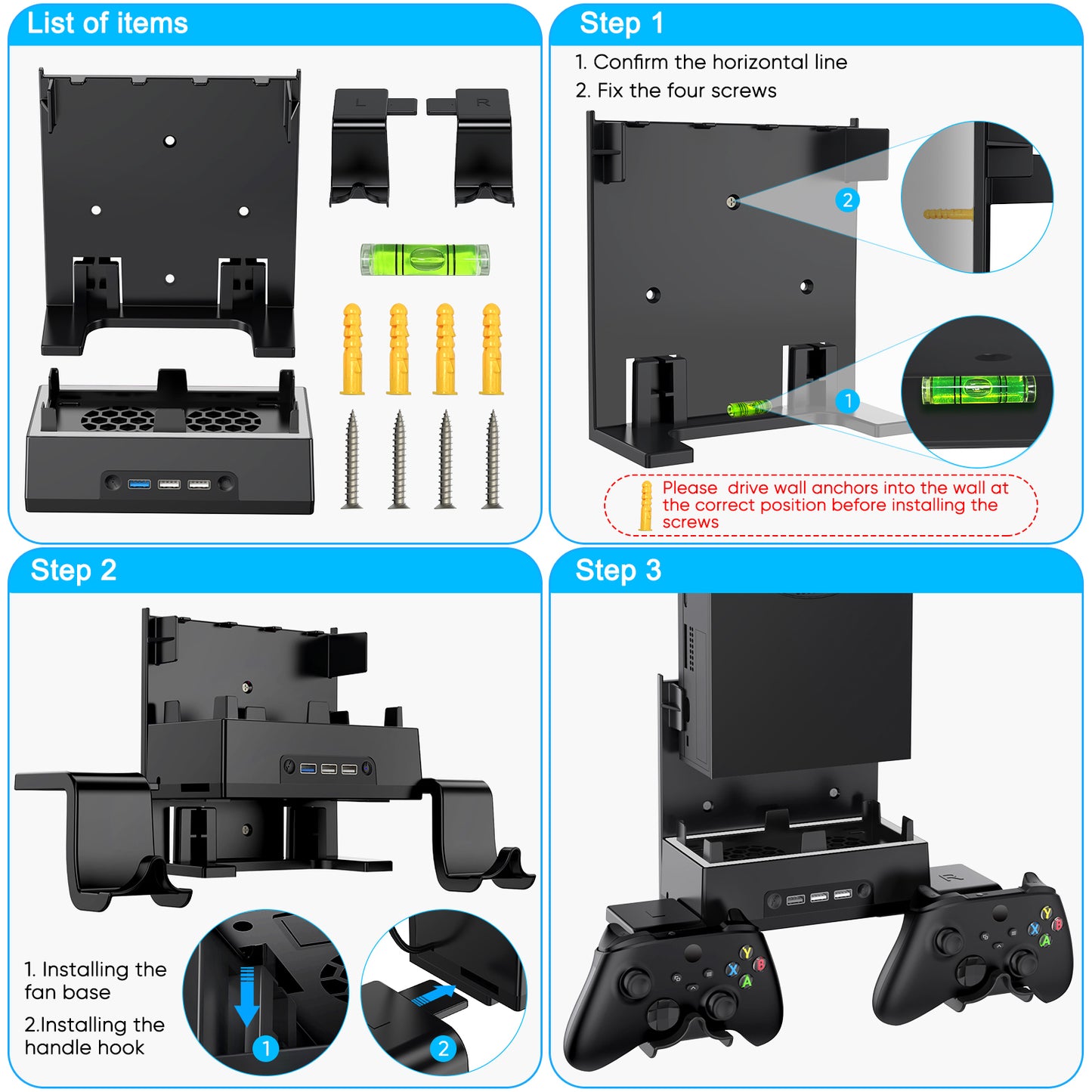 MENEEA Wall Mount Holder for Xbox Series S, Wall Mount Kit Accessories with Cooling Bracket, RGB LED Light Strip, USB Port, Controller Hook for Series S-Black