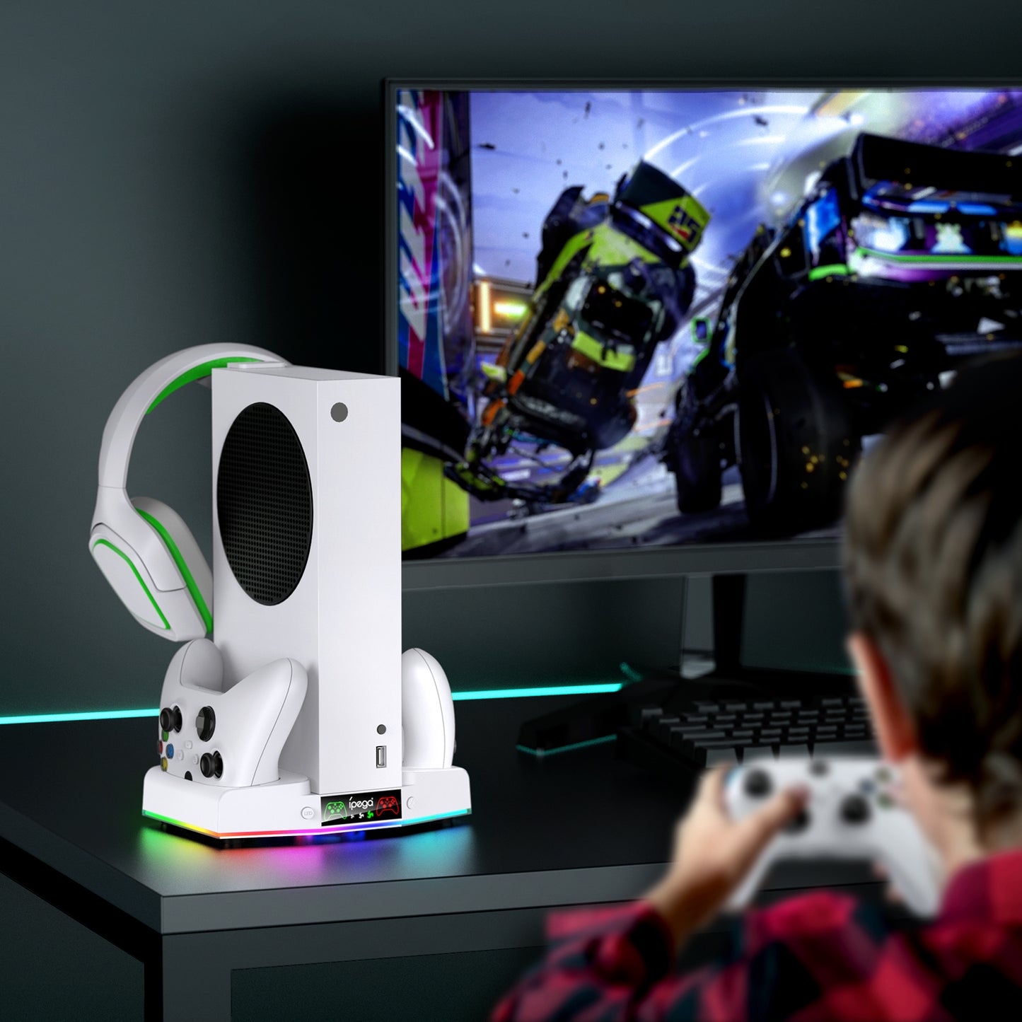 Cooling Fan Stand for Xbox Series S Console - Charging Station for Controller with RGB Light, MENEEA Cooler System&Fast Charger Accessories with 2* 1400mAh Rechargeable Batteries, Headphone Hook White