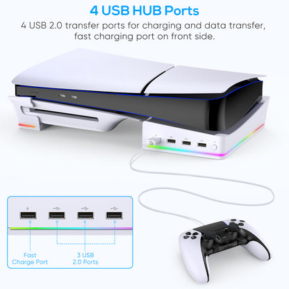 MENEEA Horizontal Stand for PS5 Slim Console with 4-USB Port Hub & 14 RGB Light Modes, Side Stand with P5 Controller Charging Data Port, Base Holder Accessories for Playstation 5 Disc & Digital -Slim