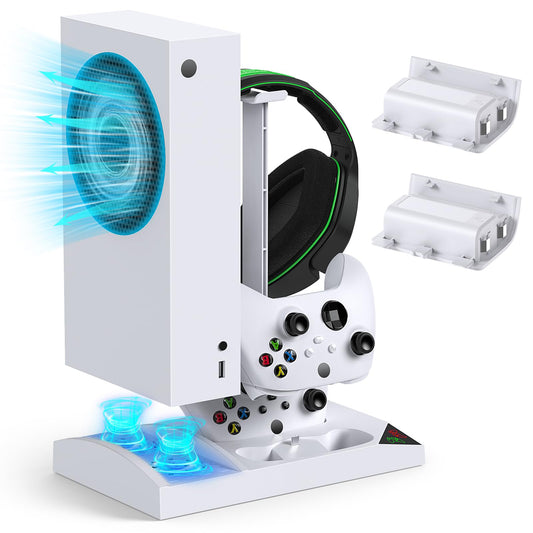 Charger Stand with Cooling Fan for Xbox Series S Console and Controller,Vertical Dual Charging Dock Accessories with 2 x 1400mAh Rechargeable Battery and Cover, Earphone Bracket for XSS