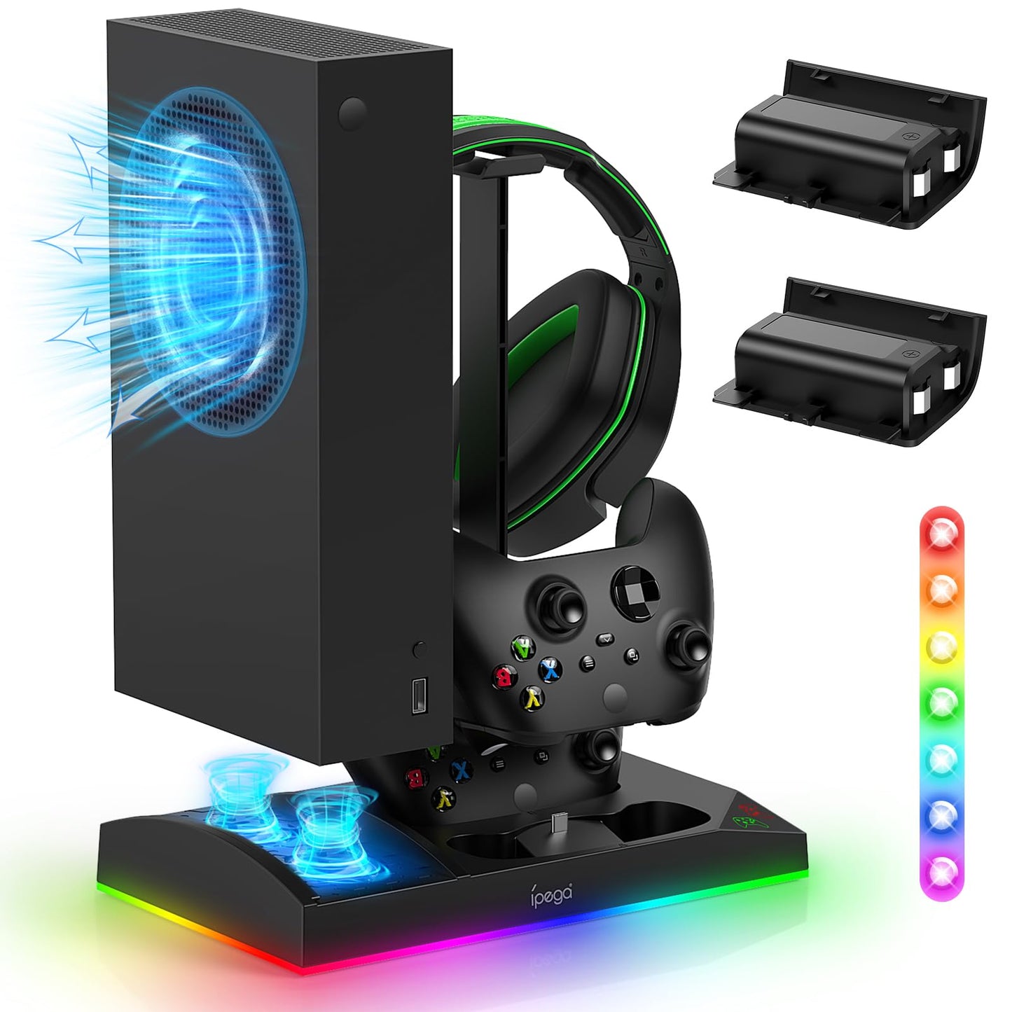 Upgraded RGB Cooling Fan Charging Station for Xbox Series S Console& Controller,Dual Charger Dock Cooler System Stand with 15 Colorful Light Modes Accessories with 2*1400mAH Rechargeable Battery,Black