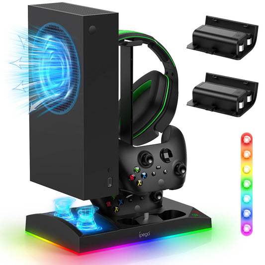 Upgraded RGB Cooling Fan Charging Station for Xbox Series S Console& Controller,Dual Charger Dock Cooler System Stand with 15 Colorful Light Modes Accessories with 2*1400mAH Rechargeable Battery,Black
