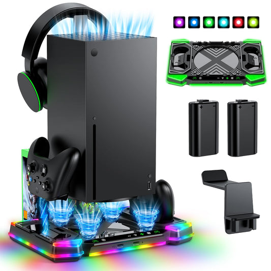 Upgraded Charger-Stand Cooling-Fan for Xbox Series X, Dual Wireless Charger Dock Cooler System for Xbox Controller& Console,Accessories with 11 RGB Light Modes,2x1400mAh Rechargeable Batteries,Storage