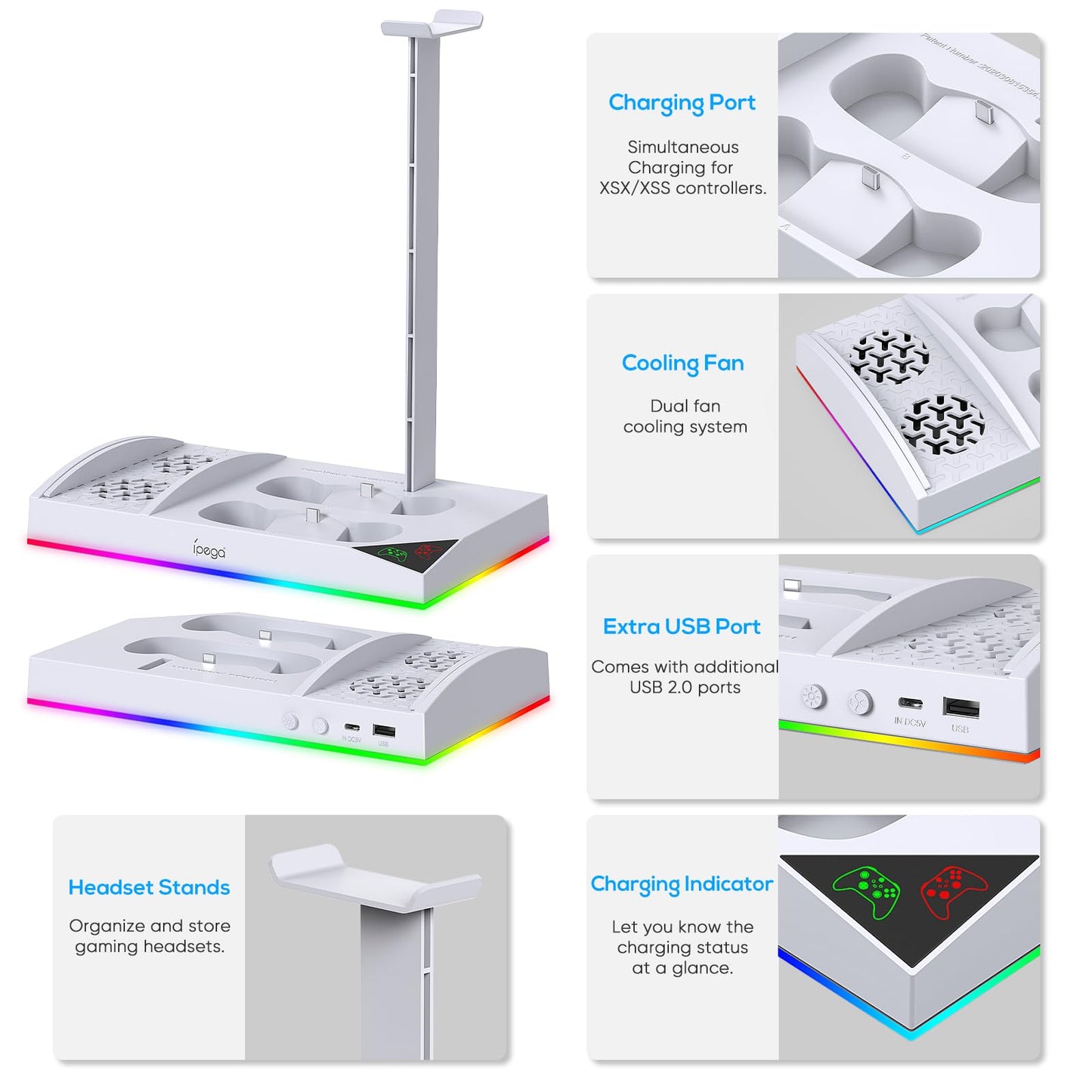 Upgraded RGB Cooling Fan Charging Station for Xbox Series S Console& Controller,Dual Charger Dock Cooler System Stand with 15 Colorful Light Modes Accessories with 2*1400mAH Rechargeable Battery,White