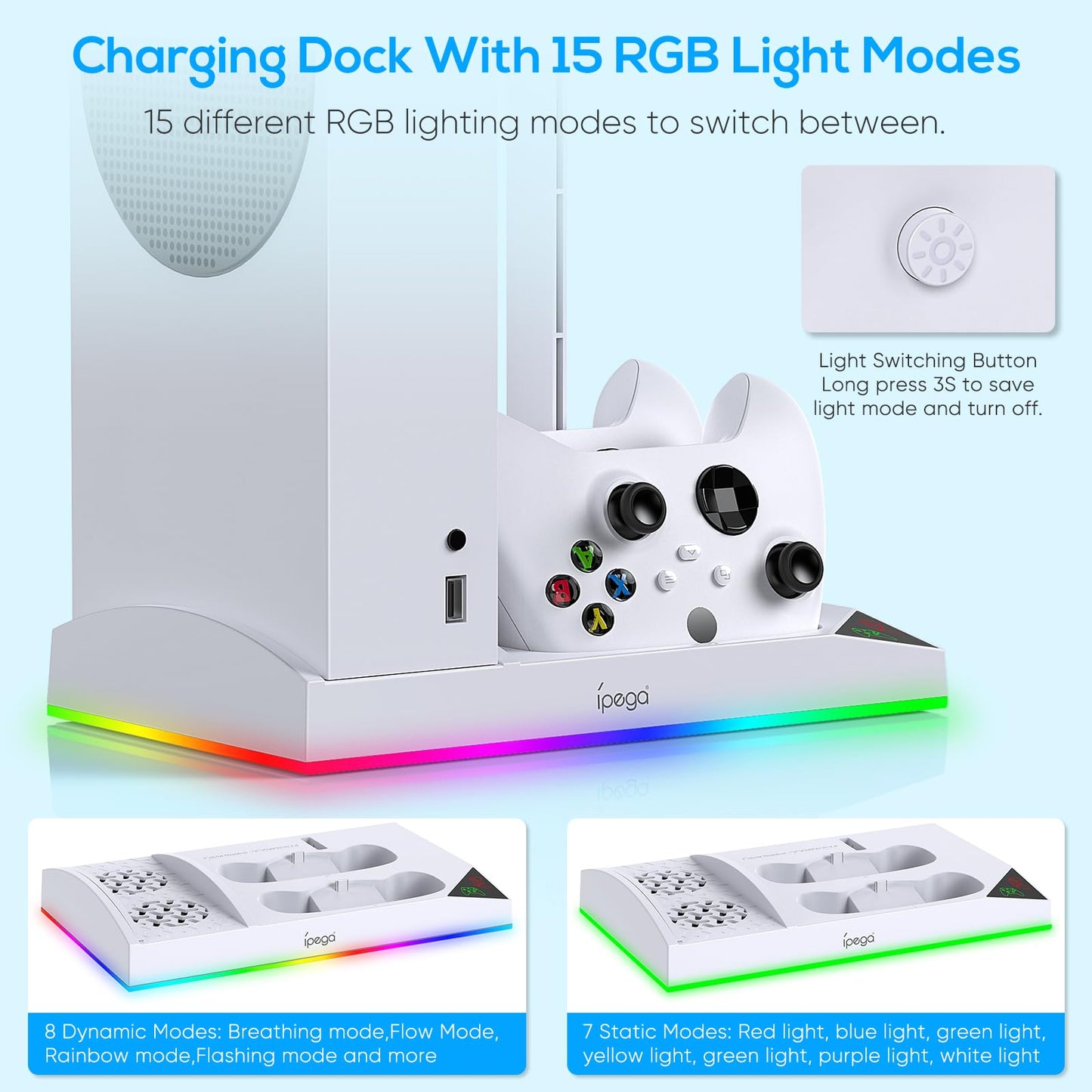 Upgraded RGB Cooling Fan Charging Station for Xbox Series S Console& Controller,Dual Charger Dock Cooler System Stand with 15 Colorful Light Modes Accessories with 2*1400mAH Rechargeable Battery,White