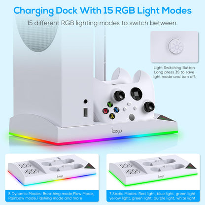 Upgraded RGB Cooling Fan Charging Station for Xbox Series S Console& Controller,Dual Charger Dock Cooler System Stand with 15 Colorful Light Modes Accessories with 2*1400mAH Rechargeable Battery,White