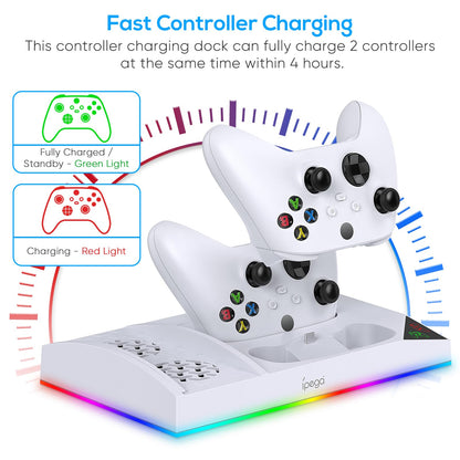 Upgraded RGB Cooling Fan Charging Station for Xbox Series S Console& Controller,Dual Charger Dock Cooler System Stand with 15 Colorful Light Modes Accessories with 2*1400mAH Rechargeable Battery,White