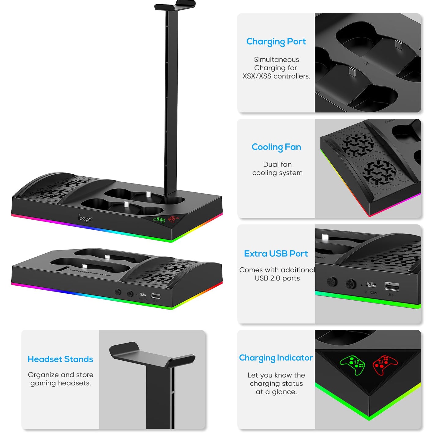 Upgraded RGB Cooling Fan Charging Station for Xbox Series S Console& Controller,Dual Charger Dock Cooler System Stand with 15 Colorful Light Modes Accessories with 2*1400mAH Rechargeable Battery,Black