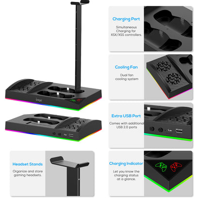 Upgraded RGB Cooling Fan Charging Station for Xbox Series S Console& Controller,Dual Charger Dock Cooler System Stand with 15 Colorful Light Modes Accessories with 2*1400mAH Rechargeable Battery,Black