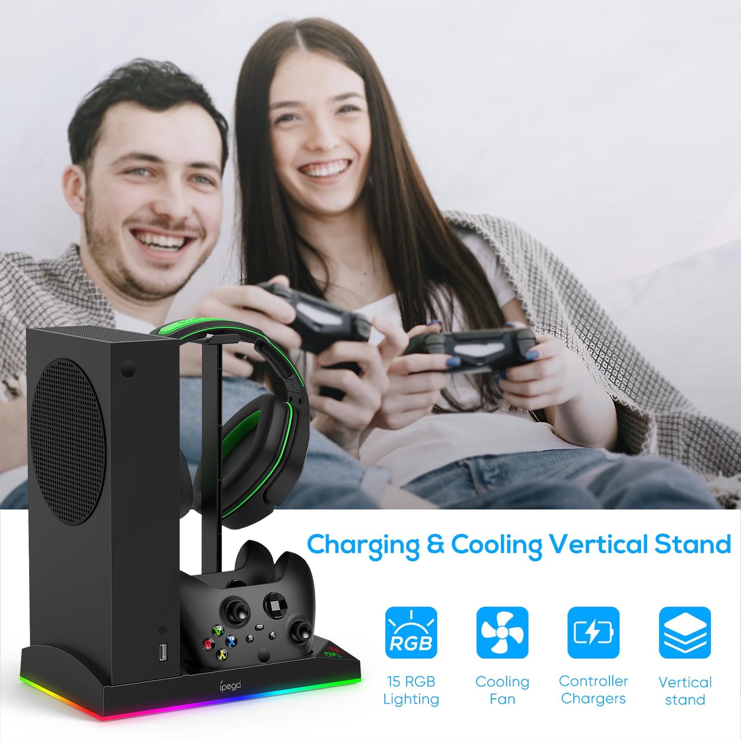 Upgraded RGB Cooling Fan Charging Station for Xbox Series S Console& Controller,Dual Charger Dock Cooler System Stand with 15 Colorful Light Modes Accessories with 2*1400mAH Rechargeable Battery,Black