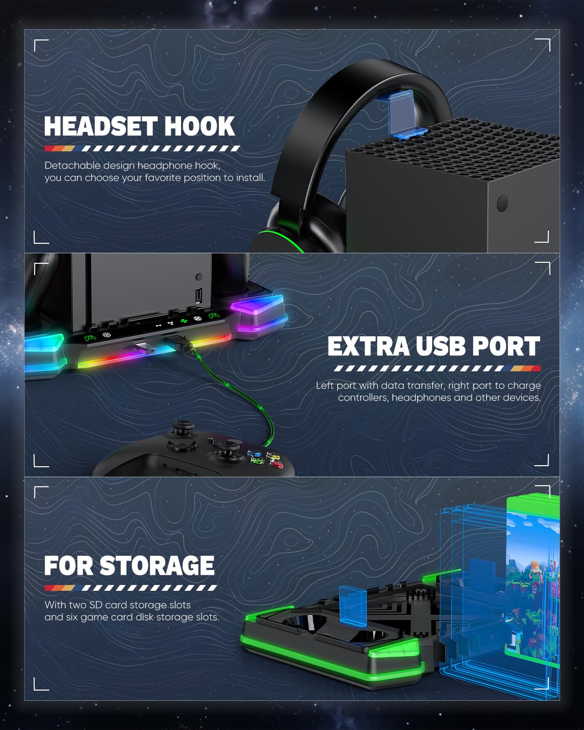 Upgraded Charger-Stand Cooling-Fan for Xbox Series X, Dual Wireless Charger Dock Cooler System for Xbox Controller& Console,Accessories with 11 RGB Light Modes,2x1400mAh Rechargeable Batteries,Storage