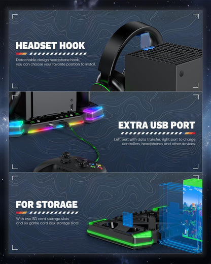 Upgraded Charger-Stand Cooling-Fan for Xbox Series X, Dual Wireless Charger Dock Cooler System for Xbox Controller& Console,Accessories with 11 RGB Light Modes,2x1400mAh Rechargeable Batteries,Storage