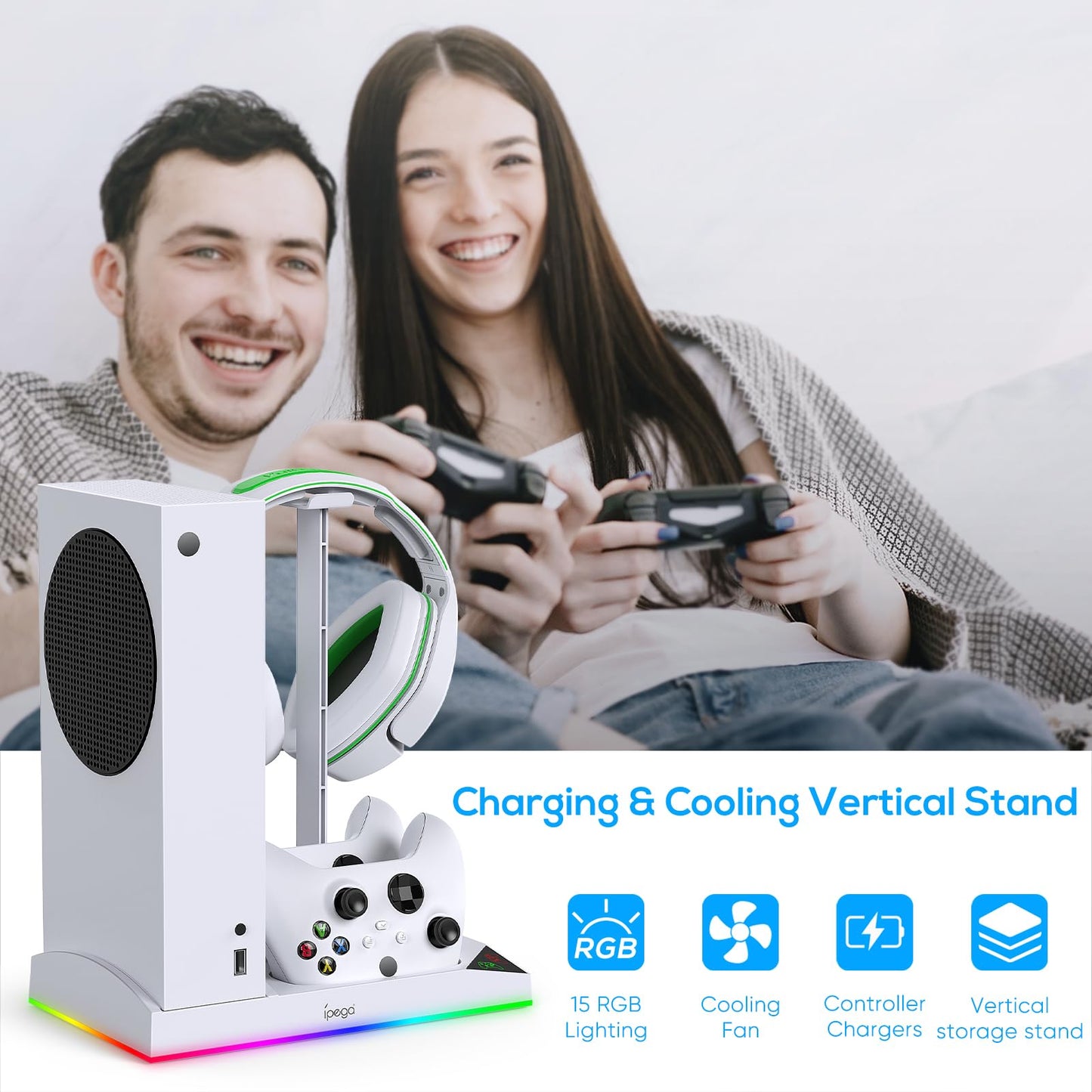 Upgraded RGB Cooling Fan Charging Station for Xbox Series S Console& Controller,Dual Charger Dock Cooler System Stand with 15 Colorful Light Modes Accessories with 2*1400mAH Rechargeable Battery,White