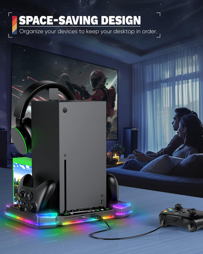 Upgraded Charger-Stand Cooling-Fan for Xbox Series X, Dual Wireless Charger Dock Cooler System for Xbox Controller& Console,Accessories with 11 RGB Light Modes,2x1400mAh Rechargeable Batteries,Storage